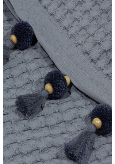 Vionel Home Pamuklu Waffle Desen Ponponlu Çift Kişilik Pike Gri