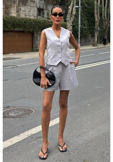 Yelek Şort Flamlı Keten Takım 10133-17 Gri