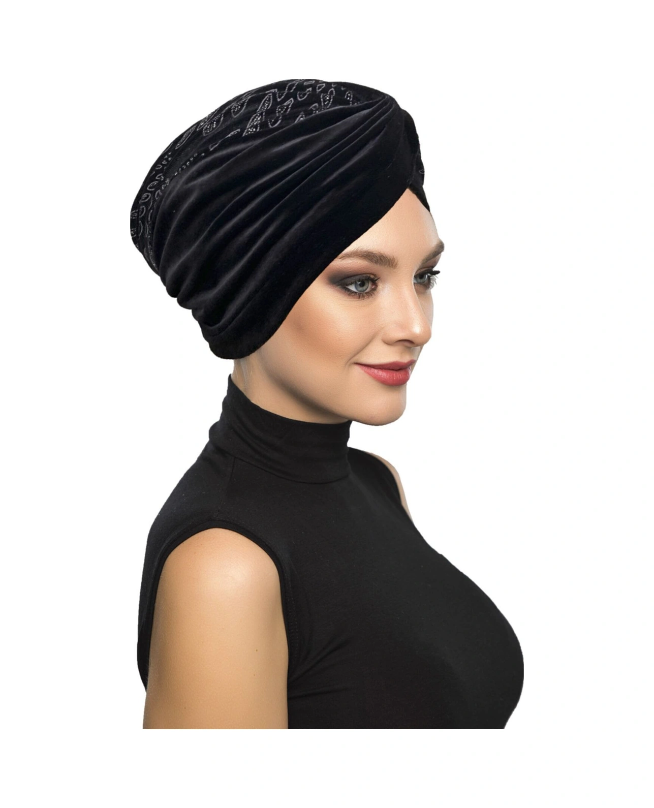 Kadife Özel Tasarım Gümüş Badem Desenli Siyah Hazır Türban Tesettür Bone Siyah-gümüş Badem Desenli