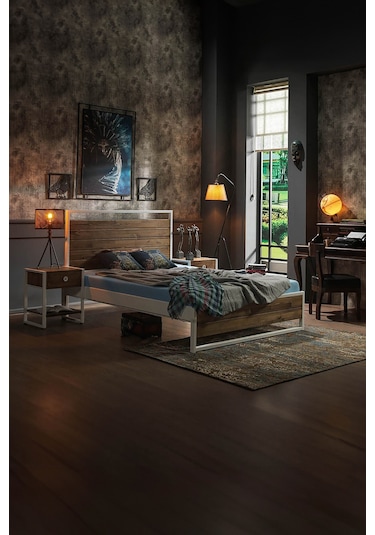 Ariane Ahşaplı Çift Kişilik Metal Karyola Beyaz Ahşap Latalı