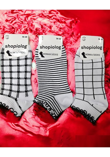 Shopiolog Sevimli Marul Desenli Bilek Çorabı 3'lü Paket Siyah - Beyaz
