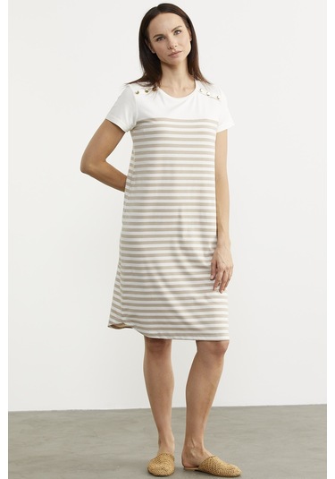 Düğme Detaylı Çizgili Penye Elbise - Vizon 001