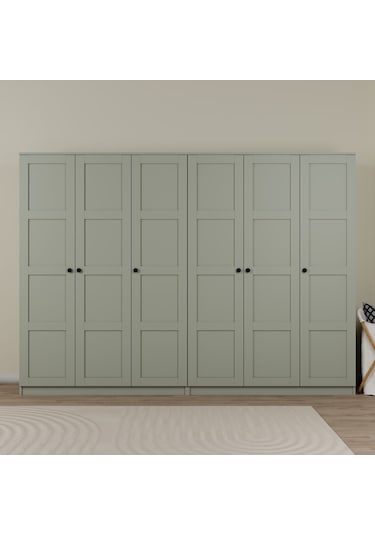 Lucas 6 Kapaklı,15 Raf Bölmeli Yüklük & Askılıklı Geniş Elbise Dolabı-gardırop Kül Yeşil Yeşil