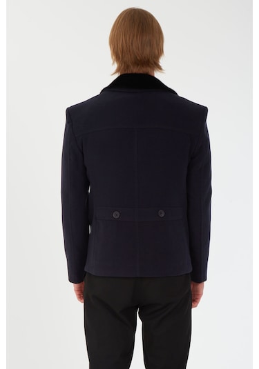 Sposo1702 Yaka Çıkmalı Kruvaze Yünlü Kaşe Lacivert Erkek Kısa Kaban Lacivert