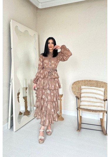 The İstanbul Vizon Valonlu Şeritli Kat Kat Elbise Vizon