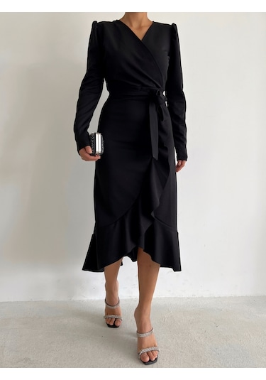 Krep Kumaş Midi Boy Kuşaklı Uzunkol Elbise 113 Cm Bediva 001