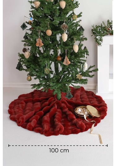 Çam Ağacı Ayak Halısı Örtüsü, Yılbaşı Ağacı Altı Örtüsü Peluş Bordo, Bubble Halı 100x100 Cm