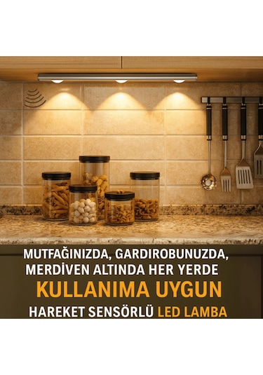 Sensörlü Şarjlı Dekoratif Gece Lambası Mutfak Mıknatıslı 3 Farklı Işık Renk 40cm Şerit Led Çok Renkli