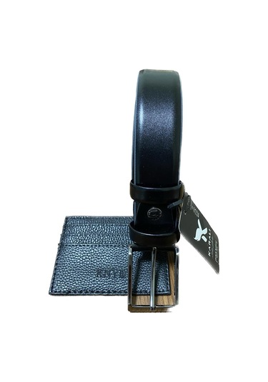 Karalı Erkek Siyah Klasik Desensiz Takım Elbise Kemeri + Kartlık 2083-1-125 Cm 001