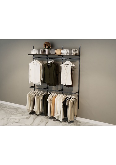 Üçlü Dekoratif Giyinme Odası Raf Sistemi & Duvara Monte Giyinme Odası Rafı Siyah - Beyaz