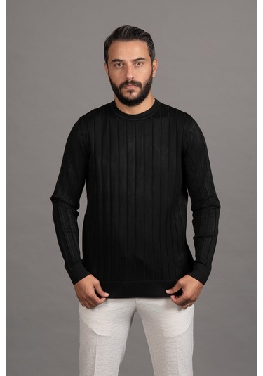 Sıfır Yaka Kendinden Çizgili Likralı Akrilik Mevsimlik Kazak Siyah