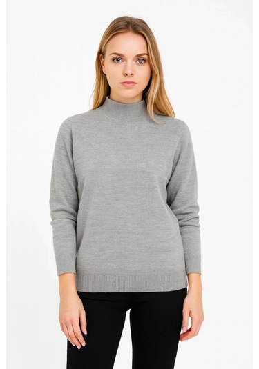 Kadın Yarım Boğaz Triko Kazak Yumuşak Dokulu Pamuklu İnce Dokuma, Uzun Kollu Rahat Regular Kalıp - G Gri