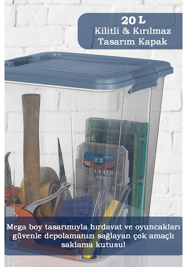 2'li Megabox 20l Saklama Kabı - Kilitli Kapaklı Çok Amaçlı Düzenleyici Kiler Depolama Oyuncak Kutusu Mavi