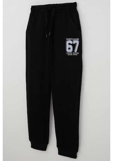 Breeze Erkek Çocuk Eşofman Alt Nakışlı Bağcık Akesuarlı 4-8 Yaş, Siyah Siyah