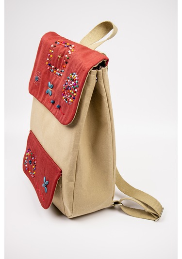 Fabric Craft Bag Sırt Çantası Kumaş Boho Nakışlı Koyu Bej - Bordo