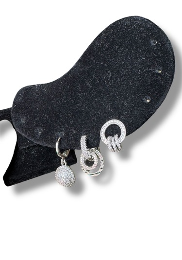 Yuvarlak Gri Taşlı Klipsli Şık Üçlü Çelik Küpe