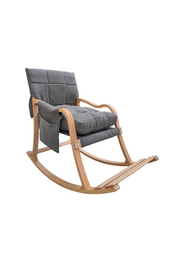 Reyo Paşa Ahşap Sallanan Sandalye, Boyun Yastıklı Çıkartılabilir Kılıflı Minderli Dinlenme Koltuğu Emzirme Koltuğu Açık Gri