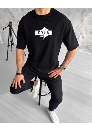 Unisex Bisiklet Yaka Baskılı Double Oversize Tshirt Siyah