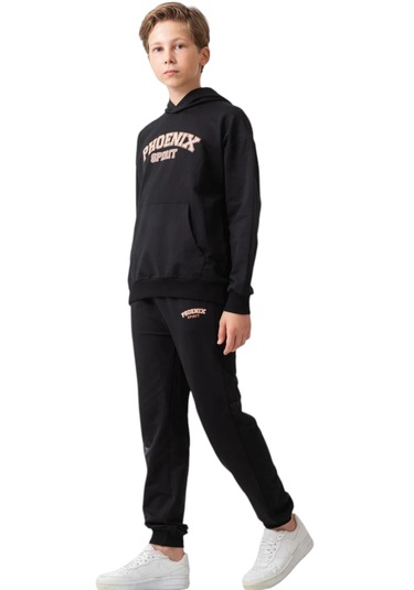 Erkek Çocuk Sırtı Anka Kuşu Detaylı Kanguru Cepli Kapüşonlu Siyah Renk Eşofman Takımı 3333 Siyah