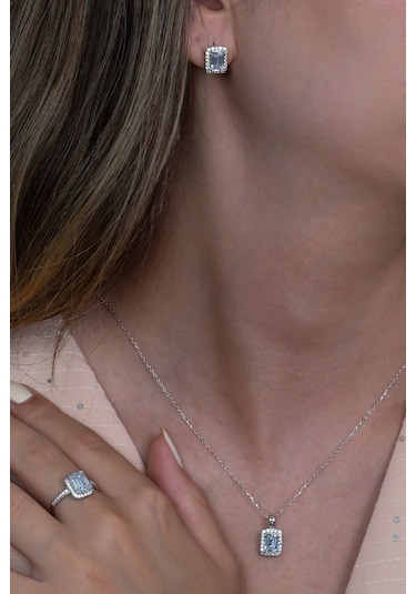 Gümüş Tek Taş Baget Set Kolye Yüzük J Küpe Wss12