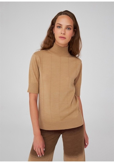 Peraluna Balıkçı Yaka Kısa Kollu Basic Kadın Triko Bluz Camel-Camel