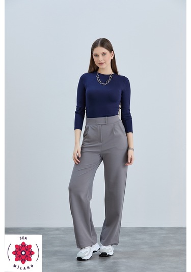 Kadın Gri Cırt Cırtlı Kapama Rahat Palazzo Likralı Esnek Beli Lastikli Pantolon Yüksek Bel Gri