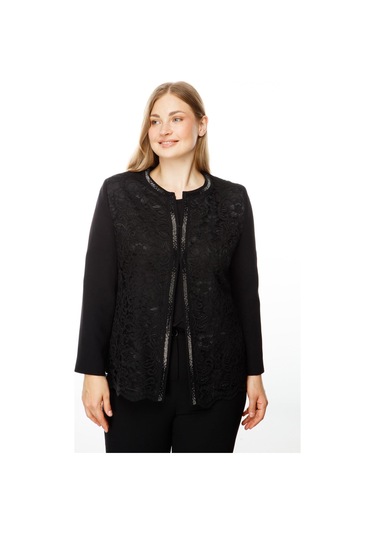 Moda İlgi Kadın Büyük Beden Sıfır Yaka Dantelli Ön Patı Taşlı Kısa Ceket 5025 Siyah Siyah