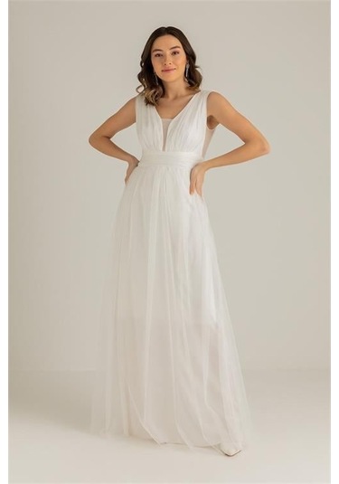 Dipmoda Kadın Beyaz Drapeli Tül Abiye Elbise Dp2030 Beyaz