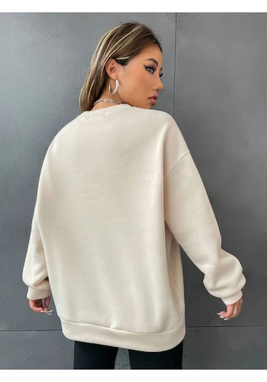 Altamira Unisex Bej London Baskılı Bisiklet Yaka Oversize Sweatshirt 001
