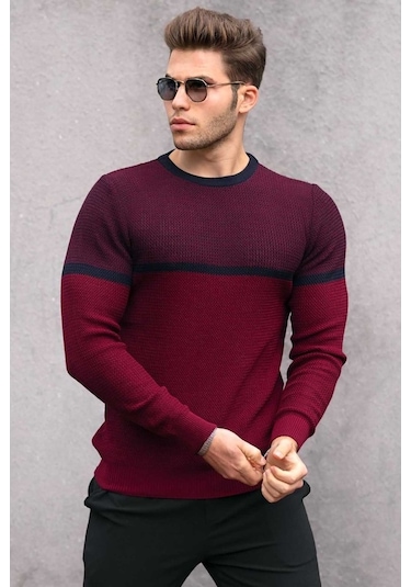Madmext Bordo Renk Bloklu Erkek Kazak 4734 Bordo