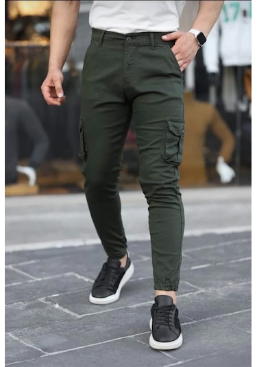 Erkek Körüklü Cep Ve Paça Ribana Detaylı Haki Keten Kargo Pantolon Haki