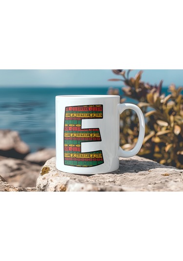 E Harfi Etnik Desenli Kupa - Afrika Tarzı Kahve Çay Kupası - Hediyelik - Black History Beyaz