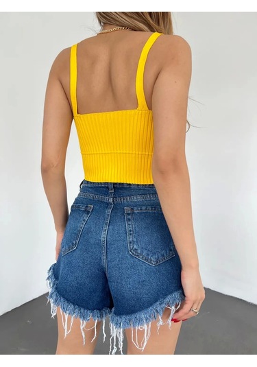 V Yaka Askılı Crop Triko Büstiyer Sarı - Df2202 Çok Renkli