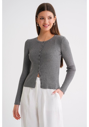 6931 Kadın Düğmeli Fitilli Triko Hırka Gri Gri