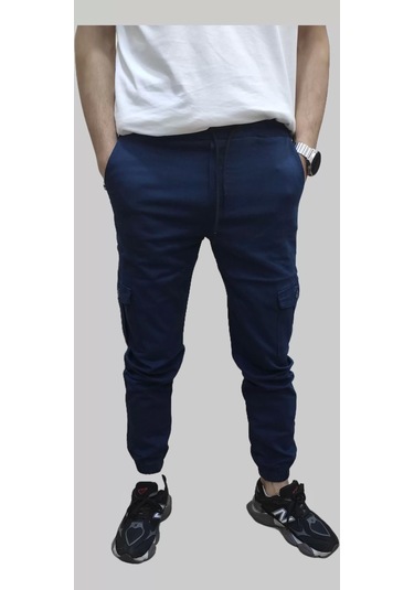 Erkek Jogger Beli Ve Paçası Lastikli Keten İndigo Kargo Pantolon İndigo