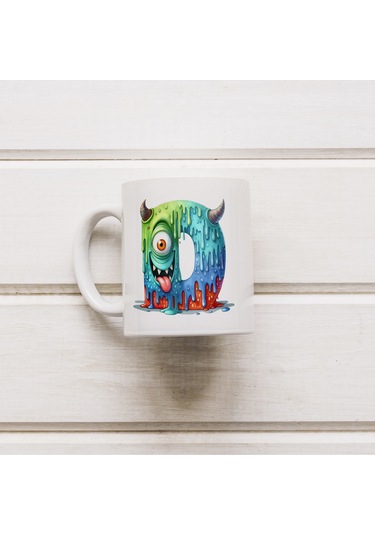 D Harfi Bardak, Sevimli Canavarlar Harflı Bardak Hediyesi Porselen Beyaz