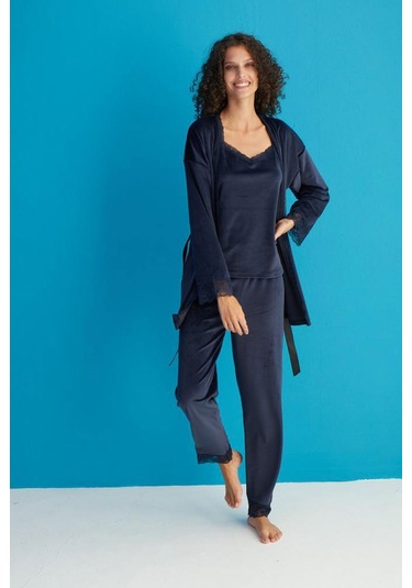 Kadın 13402-1 Dantelli Sabahlık Kadife Pijama Takım Lacivert