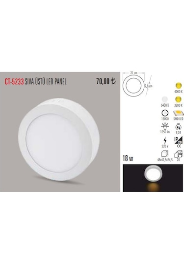 Cata Ct-5233 18 Watt Sıva Üstü Armatür Yuvarlak Gün Işığı N11.433
