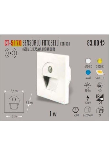 Cata Ct-5170 Sensörlü Led Koridor Merdiven Aydınlatma Beyaz Işı Beyaz