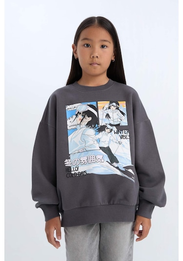 DeFacto Kız Çocuk Oversize Geniş Kalıp Bisiklet Yaka Baskılı Sweatshirt D7054A824WNAR148 Antrasit DeFacto Kız Çocuk Oversize Geniş Kalıp Bisiklet Yaka Baskılı Sweatshirt D7054A824WNAR148 Antrasit