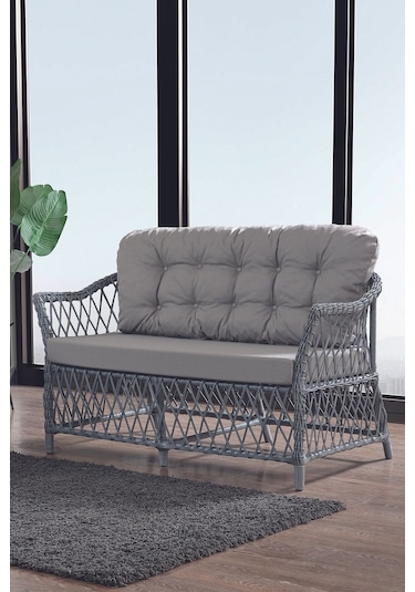 Icon Rattan Bahçe Balkon Oturma Takımı 2+1+1+camlı Masa Gri Gri