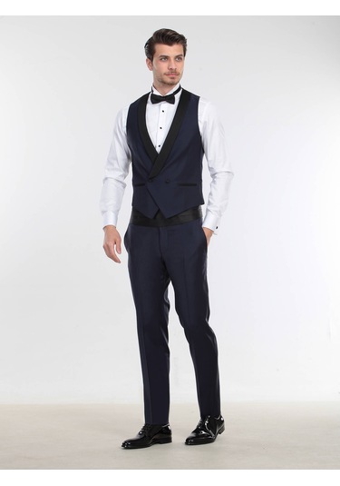 Kip Saks Fitted Fit Şal Yaka Klasik Yelek Saks