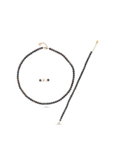 7,5 Mm Siyah Doğal İnci Sıralı Kolye Bileklik Küpe Üçlü Set 40 Cm / Rose Gümüş