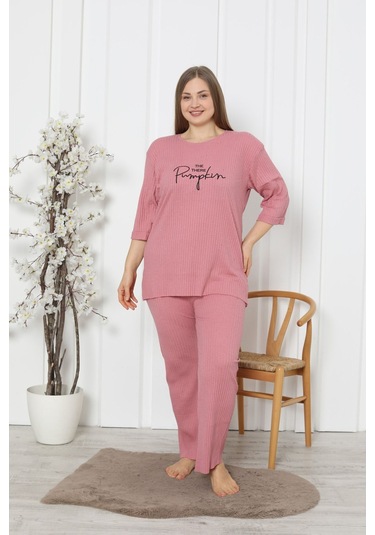 Fames Pijama Fitilli Kaşkorse Pamuklu Ispanyol Paça Yeni Sezon Büyük Beden Ev Giyim Pudra