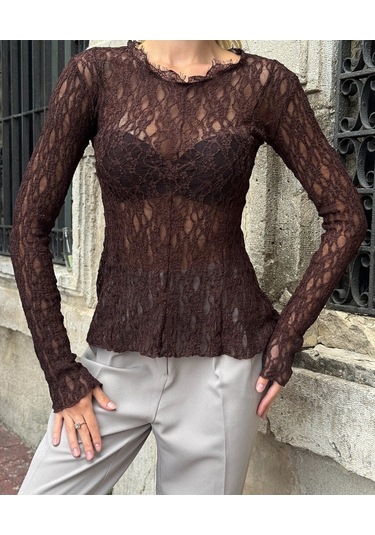 Kadın Bisiklet Yaka Full Esnek Dantel Bürümcük Spor Şık Tasarım Asimetrik Kesim Gece Bluzu Kahverengi