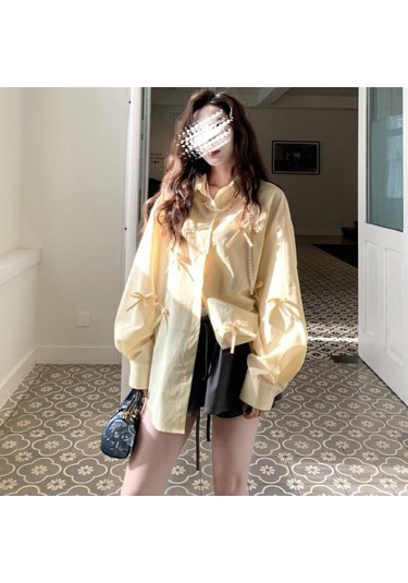 Kadınlar İçin 3d Fiyonklu Mavi Gömlek Kadın Şık Çok Yönlü Günlük Yaka Üst Düz Renk Uzun Kollu Bayan Tek Sıra Düğmeli Gömlekler Gökyüzü Mavisi