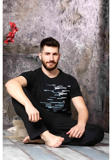 Nisanca Yazlık Kısa Kol %100 Pamuk Erkek Pijama Takımı Siyah