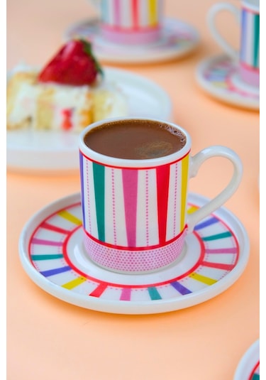 Tabak Evi Porselen Color Stripe Kahve Fincan Takımı 90cc 2 Kişilik 4 Parça Çok Renkli