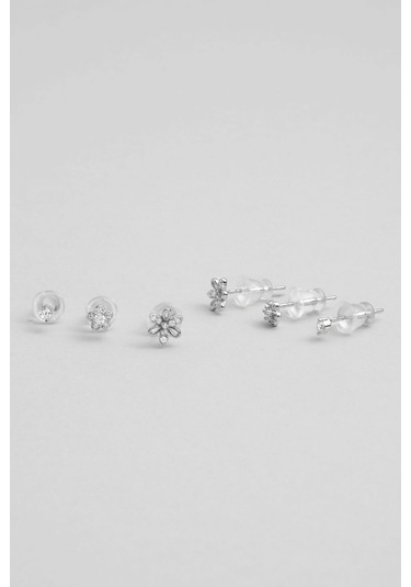 Yaz Çiçeği 18 Ayar Beyaz Altın Kaplama Gümüş Çoklu Küpe Gold-Rodyum