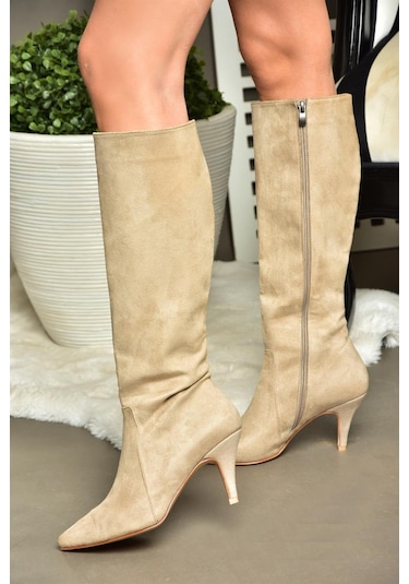 Fox Shoes R372453002 Ten Süet İnce Topuklu Kadın Çizme Ten Rengi